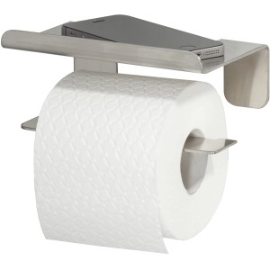 Tiger Toilettenpapierhalter Colar mit Ablage aus gebürstetem Edelstahl, mit Toilettenpapier und Smartphone.