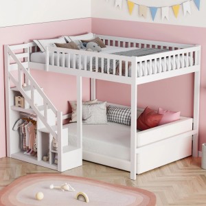 PXloue Bett Etagenbett 90x200cm-Doppelhochbett  mit Stauraum Lattenrost Treppe Schutzgittern Weiß