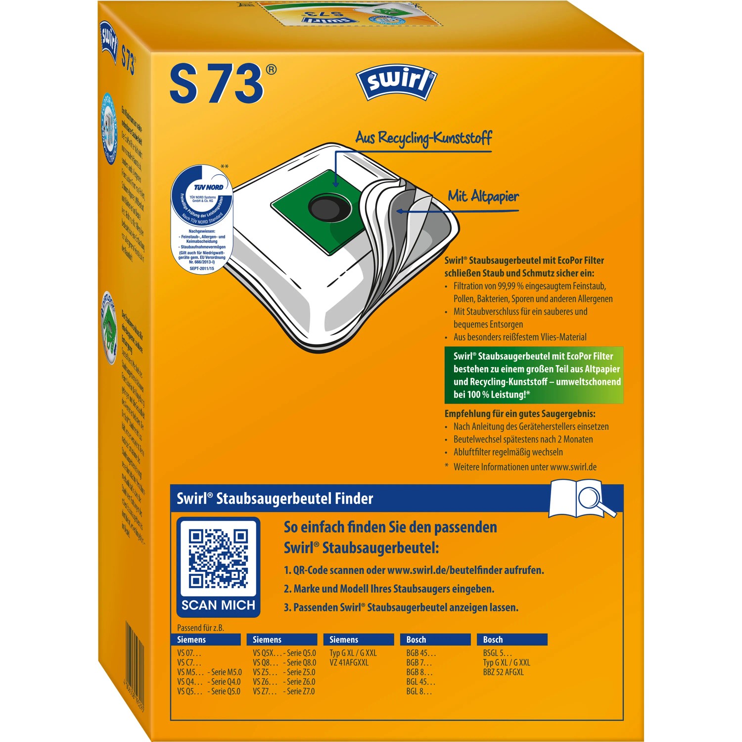 Swirl S 73 EcoPor Staubsaugerbeutel 4er-Pack für Siemens/Bosch Staubsauger.