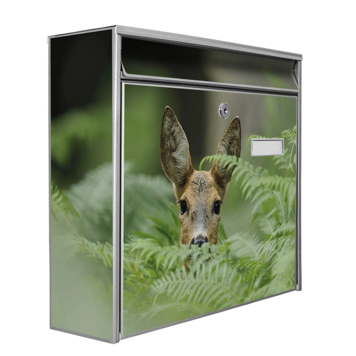 Silberner Banjado Briefkasten mit Reh-Motiv, inkl. Montagematerial und Schlüsseln.