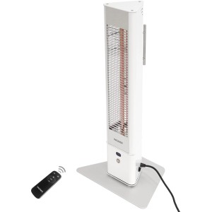 Weißer Vasner Infrarot-Heizstrahler HeatTower Mini mit Fernbedienung, 1500 W, für Terrasse & Garten.