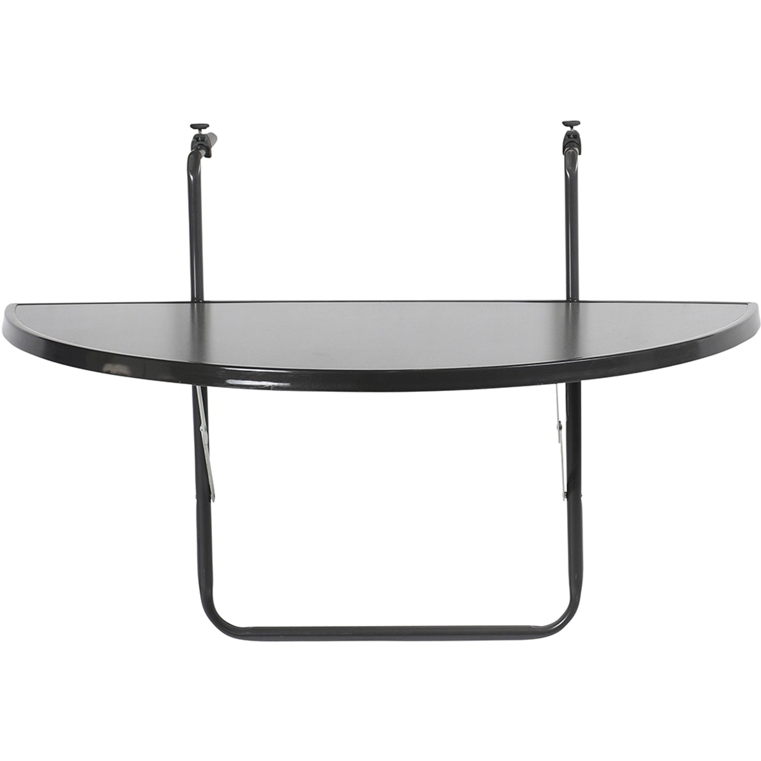 Halbrunder, anthrazitfarbener Balkonhängetisch 100x50 cm, platzsparend abklappbar.