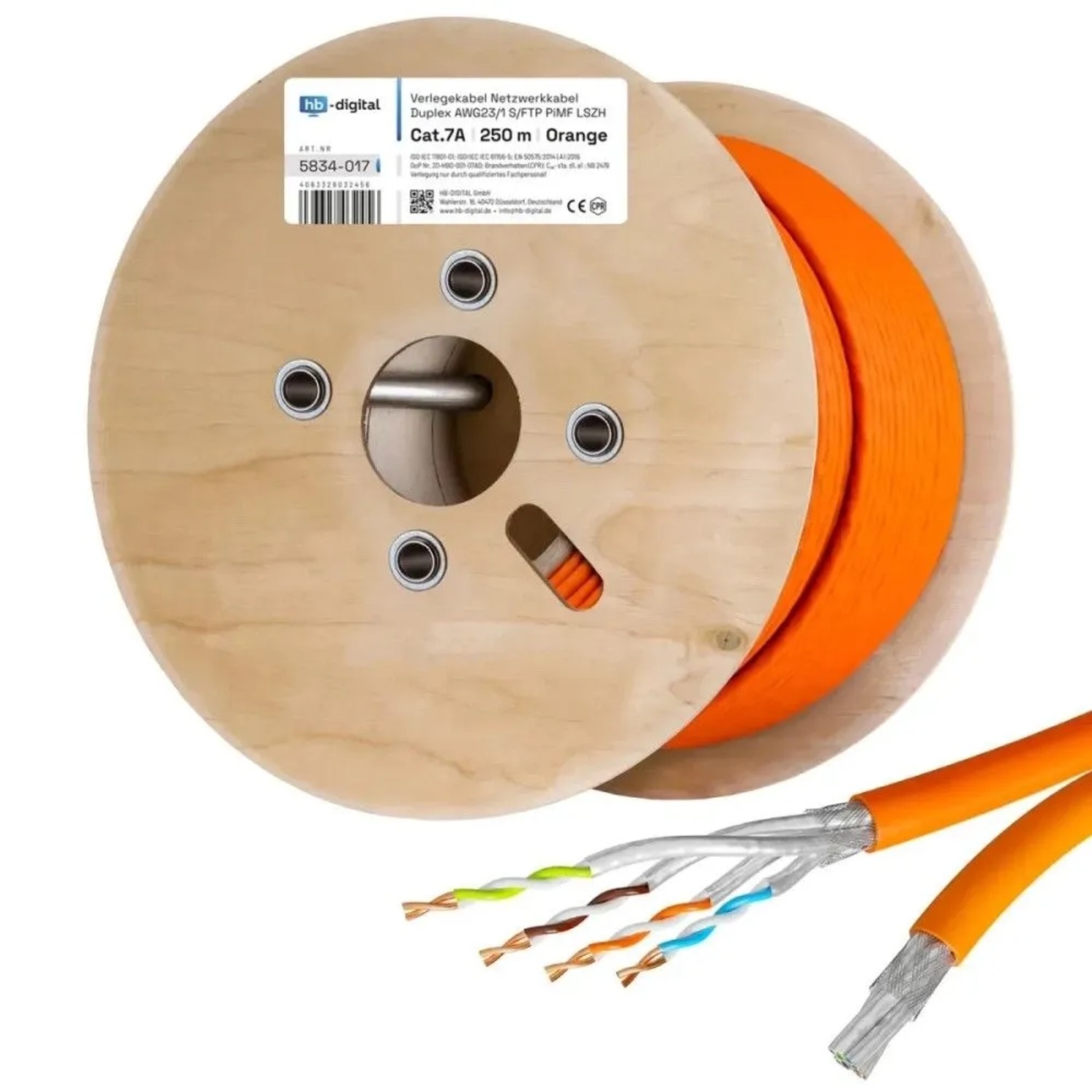 hb-digital CAT 7a Verlegekabel Duplex Installationskabel max. 1200 MHz S/FTP AWG23 LSZH 250m Orange