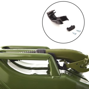 Detailaufnahme: Olivgrüner BW Metall Kraftstoffkanister 20L mit Ausgießer-Befestigungsclip und Schrauben.