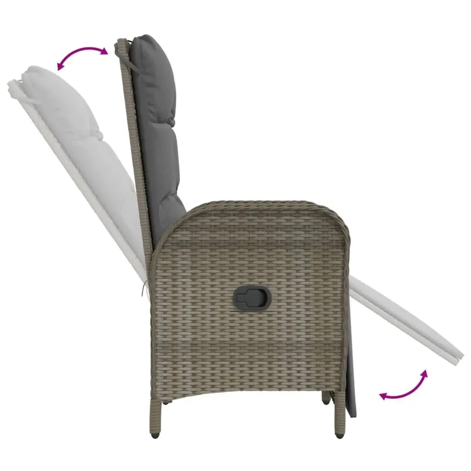 Verstellbarer Gartenstuhl der vidaXL 5-Tlg Essgruppe aus grauem Poly Rattan mit Kissen.