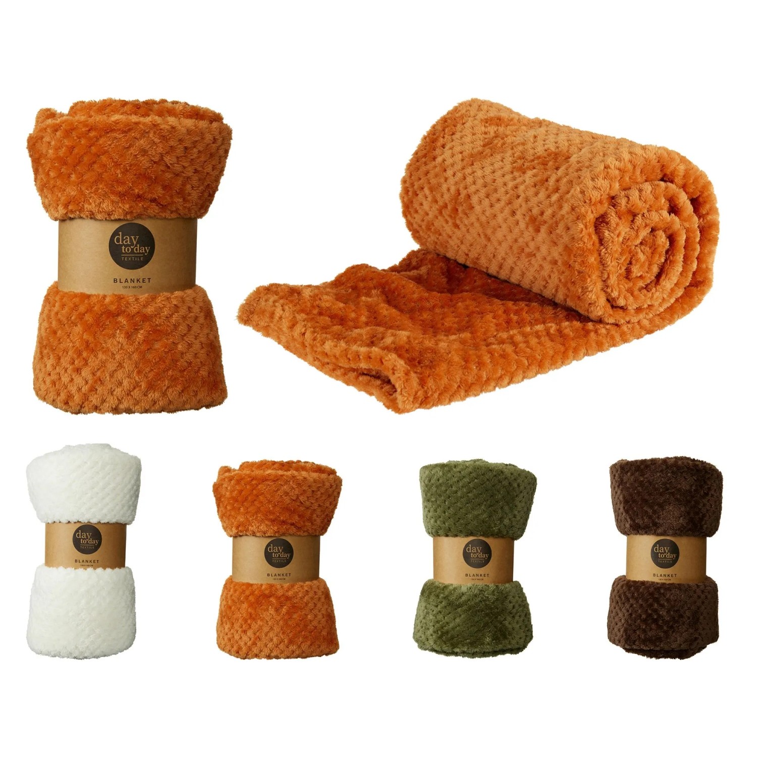 Weiche, gestrickte Polyesterdecke 130x160 cm in verschiedenen Farben (Orange, Creme, Grün, Braun). Gemütlicher Überwurf.