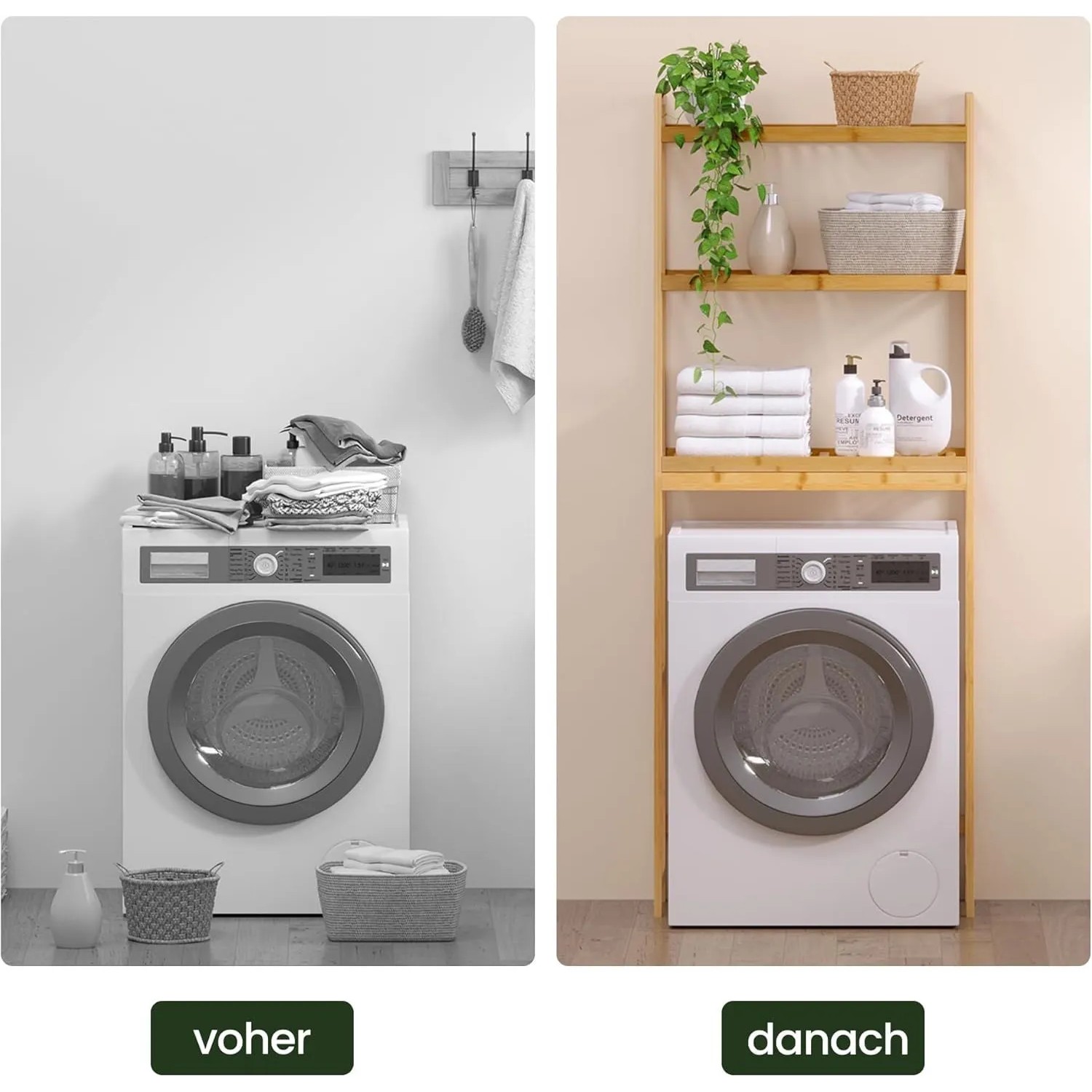 Bambus Waschmaschinenregal mit 3 Ablagen. Vorher/Nachher-Vergleich zeigt mehr Stauraum und Ordnung im Bad.