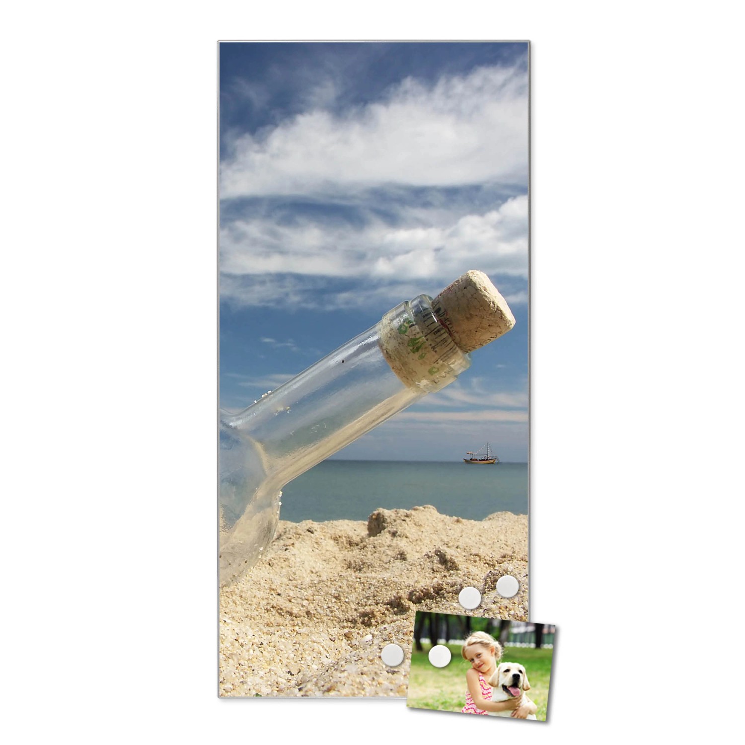 Magnettafel 37x78cm mit Flaschenpost-Motiv, silberne Magnetwand für Notizen und Fotos.