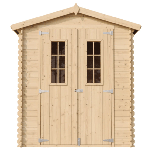Timbela Holz-Gartenhaus M320C, beige-braun, mit Doppeltür und Fenster.