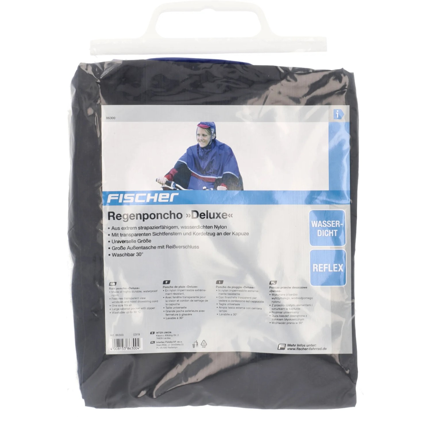 Verpackter Fischer Regenponcho Deluxe aus Nylon, wasserdicht und mit Reflektoren.