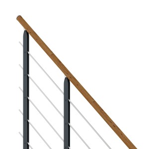Detailansicht Dolle Mittelholmtreppe Sydney mit Eiche-Handlauf und anthrazitfarbenen Metallelementen.