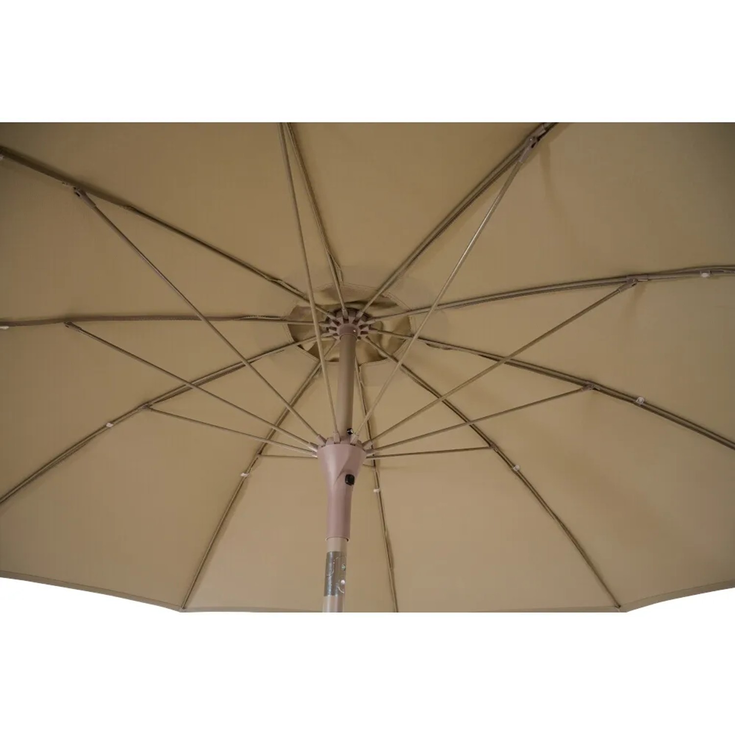 Siena Garden Marktschirm, Ø 270 cm, Taupe, Innenansicht mit Schieber und Aluminiumstreben.