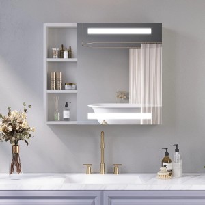 Weißer Aquabatos LED Spiegelschrank 70x60 cm mit Beleuchtung, offener Ablage, Steckdose und Antibeschlagfunktion im Bad.