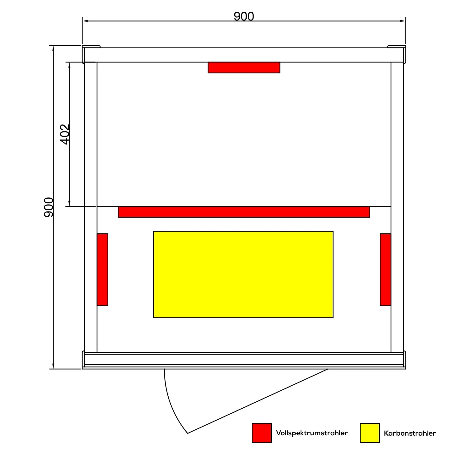 Skizze der Dewello Infrarotkabine Hamlin (90x90cm) mit Vollspektrum- und Karbonstrahlern.