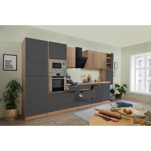 Respekta Premium Küchenzeile, 395 cm, Grau/Eiche NB, grifflos mit E-Geräten.