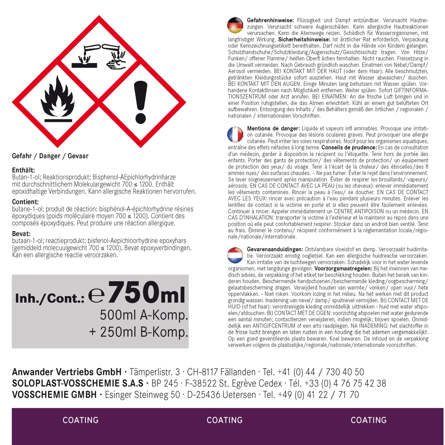 Gefahrhinweis: Entzündbare Flüssigkeit, reizt Haut/Atemwege, kann Allergie auslösen. 750ml Epoxidharz.