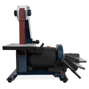 EBERTH Bandschleifmaschine 300W mit Schleifband und Schleifpad, seitliche Ansicht.