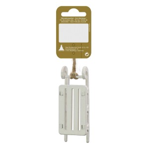 Weißer Holzschlitten als Weihnachtsbaumschmuck, 3x8 cm, für festliche Dekoration.