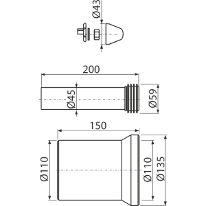 Technische Zeichnung Alcadrain WC-Zubehör DN110, 200 mm, Weiß, mit Maßangaben.
