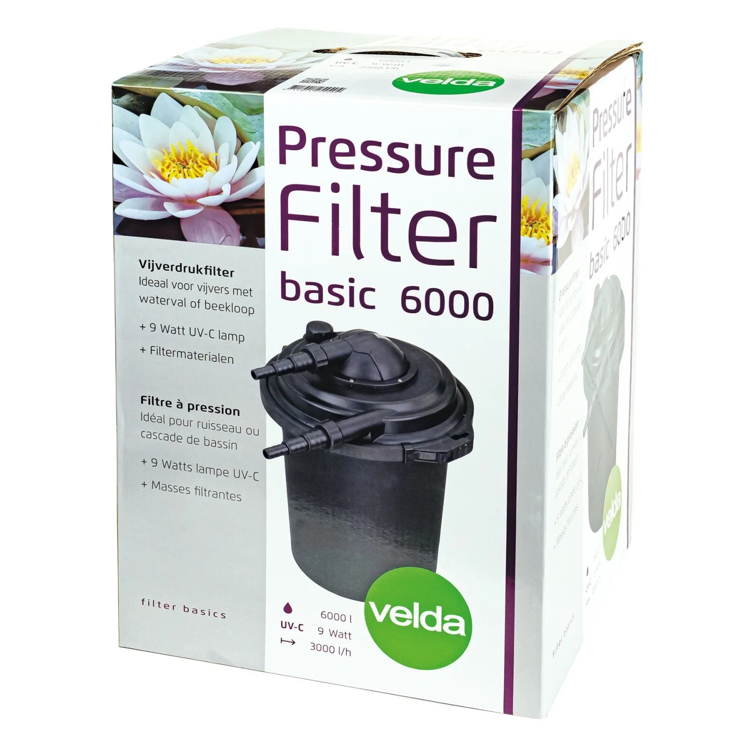 Verpackung des Velda Pressure Filter 6000 Teichfilters mit 9W UV-C Klärer. Schwarzer Druckfilter abgebildet.