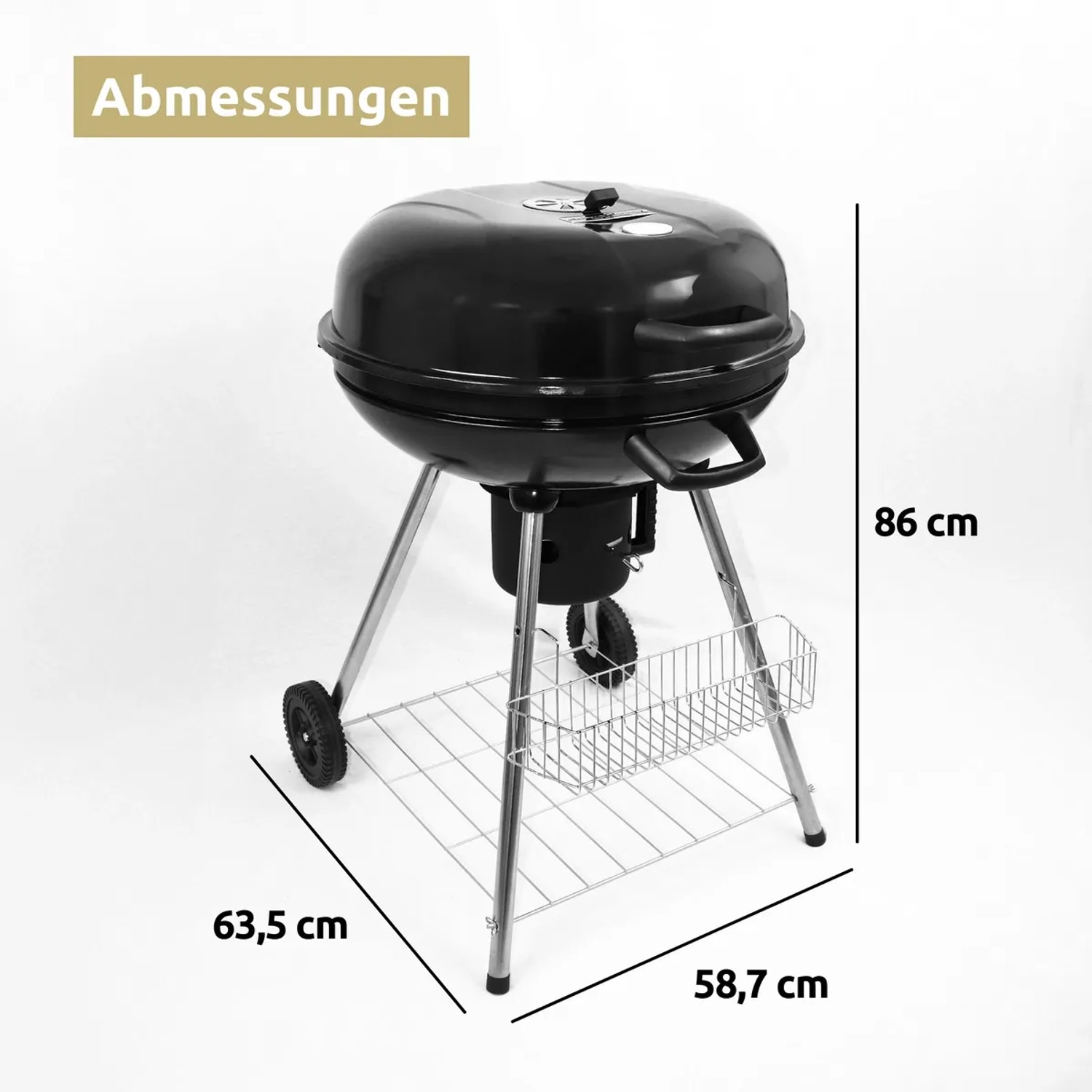 deluxe4home Kugelgrill mit Ablage, Holzkohlegrill in Schwarz mit Chromgestell.