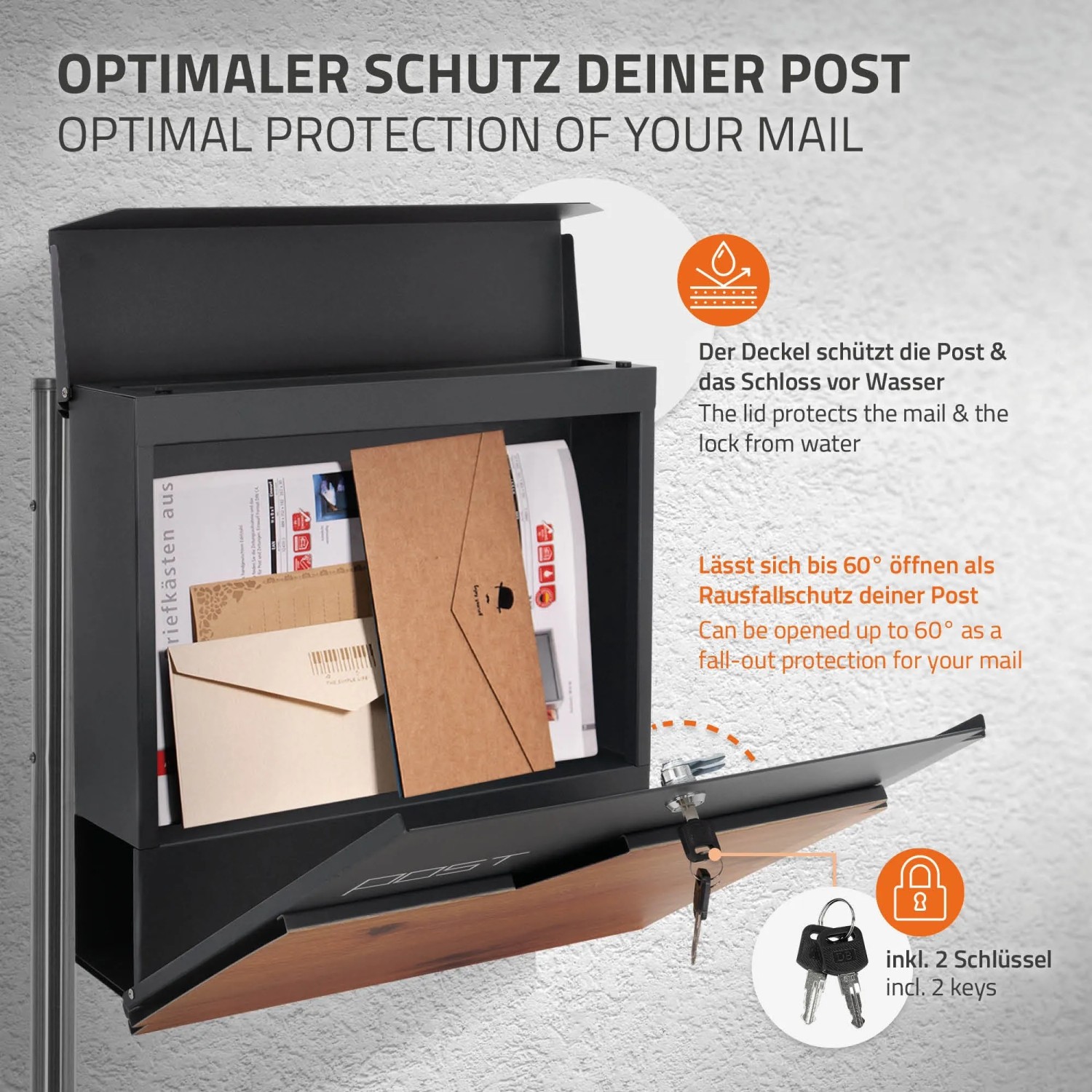 ML-Design Standbriefkasten in Anthrazit-Holzoptik mit Zeitungsfach und silbernem Pfosten, geöffnet mit Post.