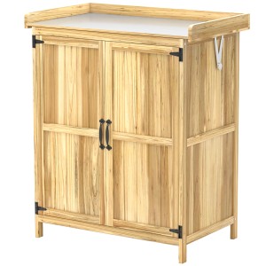 Outsunny Gartenschrank aus Tannenholz mit Edelstahloberfläche, Naturholzfarben. Werkzeugschrank mit Doppeltüren.