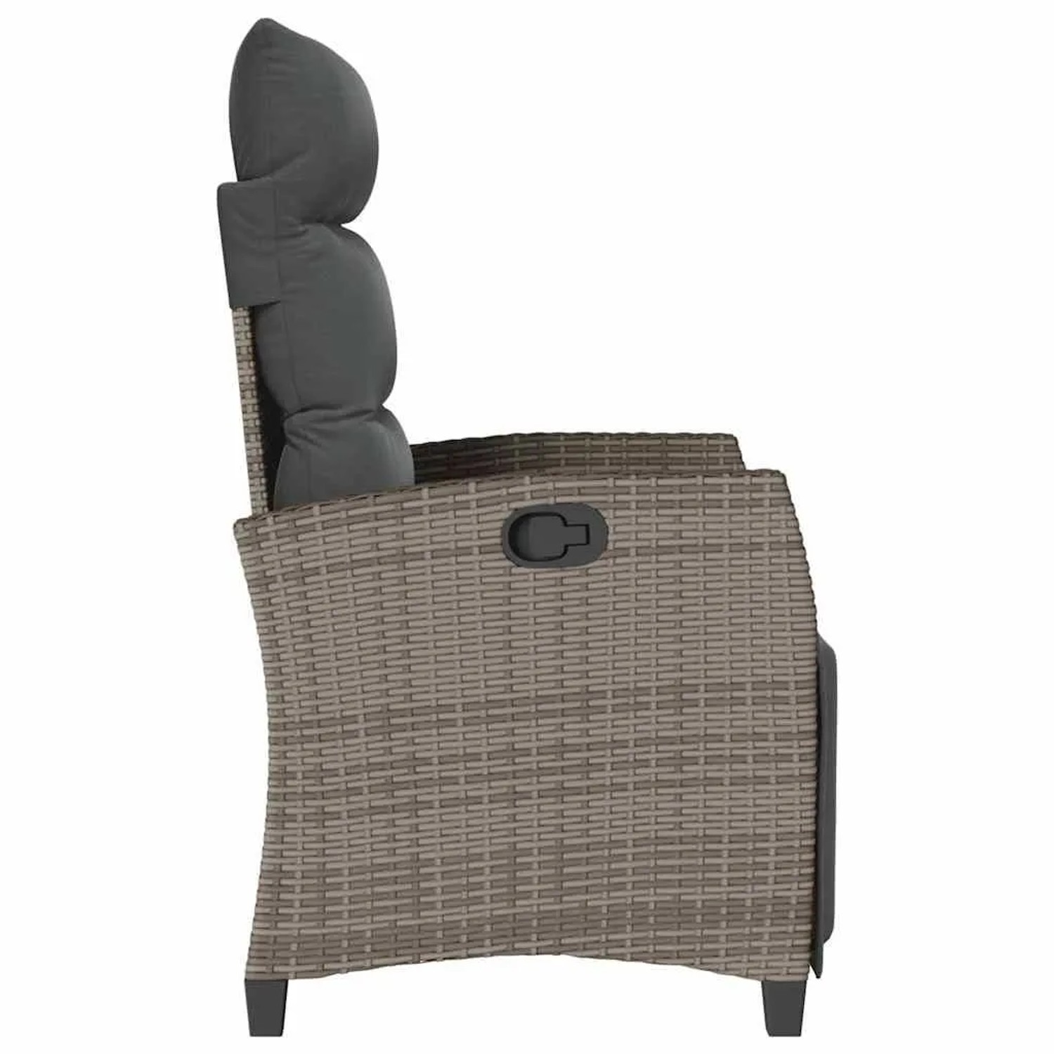 Grauer Poly Rattan Gartensessel mit dunklen Kissen, seitlich. Verstellbarer Relaxsessel für den Garten.
