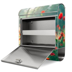 Offener Edelstahl Briefkasten mit Waldmohn Motiv und Zeitungsfach.