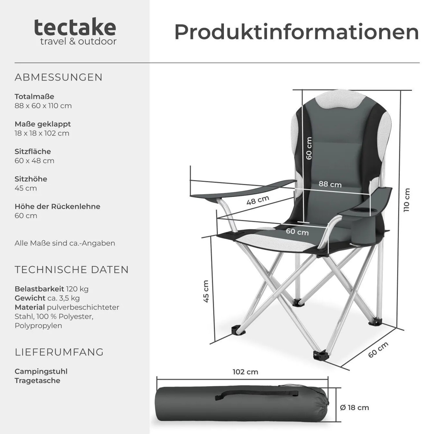 Abbildung des Tectake Campingstuhls, faltbar, gepolstert, mit Getränkehalter, grau, mit Maßangaben.