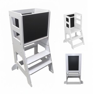 Weißer Relaxdays Lernturm aus MDF mit Kreidetafel und verstellbaren Stufen.