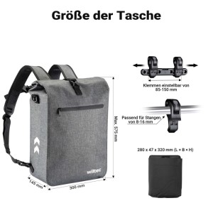 Wiltec Gepäckträgertasche Grau 25L Fahrradtasche Rucksack Gepäcktasche