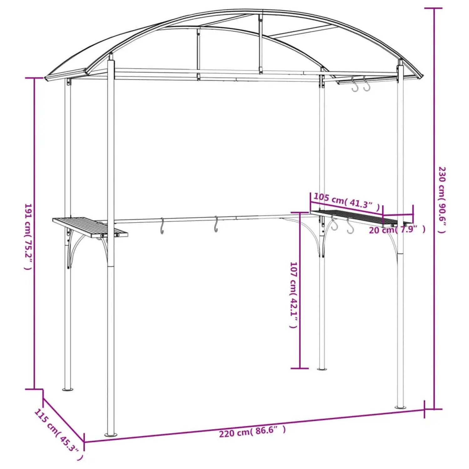 vidaXL Grillpavillon Anthrazit, Stahl, 220x115x230cm mit Seitenregalen.