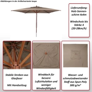 Quadratischer 4x4m Holz-Sonnenschirm in Taupe mit Seilzug, Glasfaserstreben und Winddach für Gastronomie.