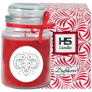 Rote HS Candle Duftkerze im Glas mit Sternzeichen Widder und Geschenkverpackung.