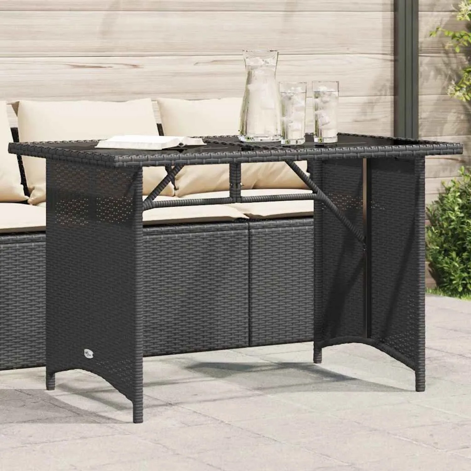 Schwarzer vidaXL Gartentisch mit Glasplatte, Poly Rattan, 110x68x70 cm. Ideal für Terrasse und Garten.