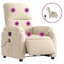 Beiger, elektrischer Massagesessel mit Vibrationsfunktion und Seitentasche.