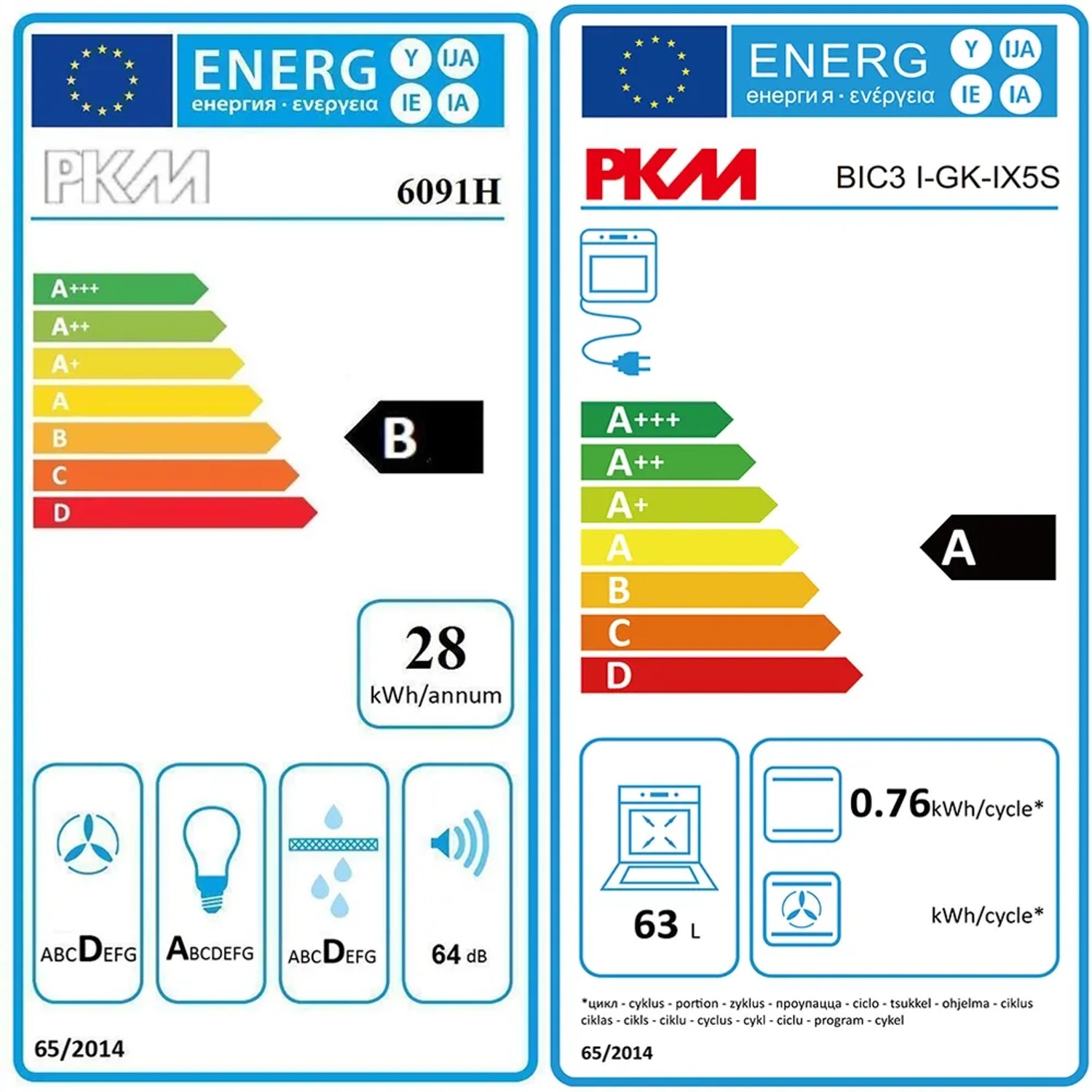 Energieetiketten für PKM 6091H und BIC3 I-GK-IX5S: Effizienzklasse, Verbrauch und Lautstärke.