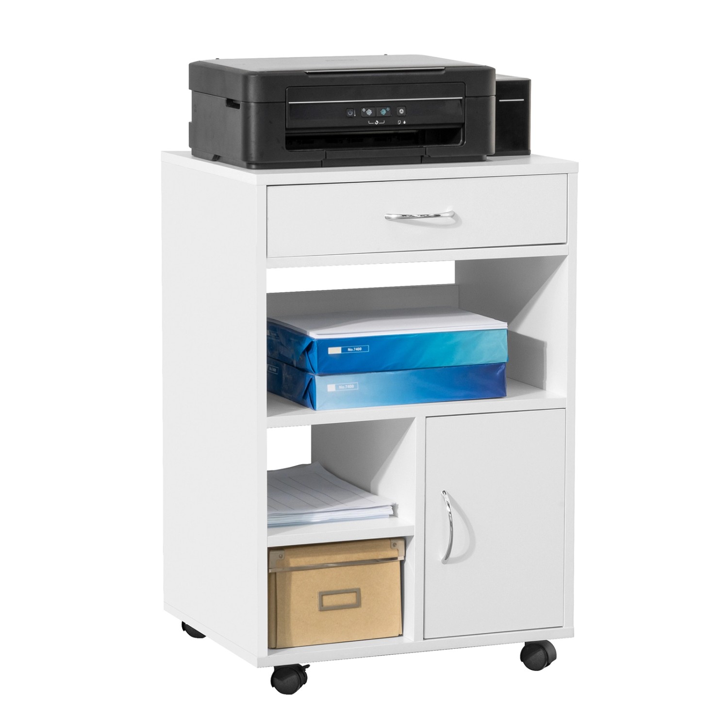 SoBuy Mobiler Druckertisch mit Schubladen Rollcontainer für Büro und Arbeitszimmer Weiß FBT106-W