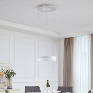 Moderne, dimmbare LED Smart Home Pendelleuchte Squillo in Weiß mit Leselampe.