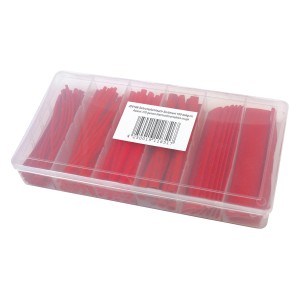 Rotes Blanko Schrumpfschlauch Set, 100 Stück, verschiedene Größen in Sortierbox.