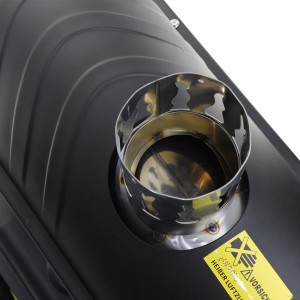 Detailaufnahme der Abgasöffnung einer schwarzen TroniTechnik Diesel Heizkanone mit Warnhinweis.