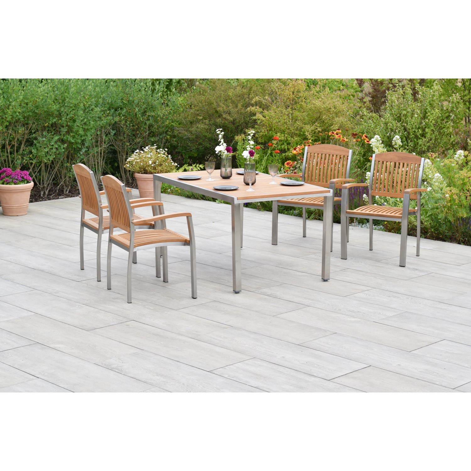 Merxx Keros Set 5-tlg. mit Gartentisch 150 x 90 cm Edelstahl/Akazie günstig online kaufen