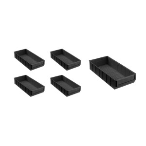 Set aus 5 schwarzen, leitfähigen PROREGAL Industrieboxen, ideal für Werkstatt, Lager und Aufbewahrungssysteme.