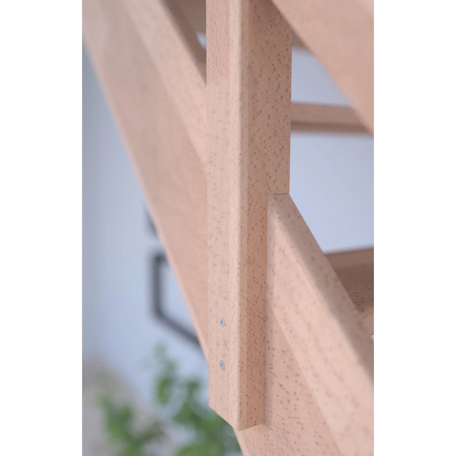 Detailaufnahme: Mykonos Pro Buche Treppe mit Holz-Edelstahl-Geländer, gewendelt, FSC® zertifiziert.