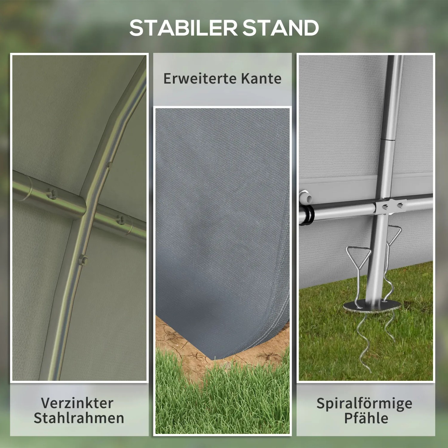 Details des Outsunny Foliengerätehauses: Verzinkter Rahmen, UV-Schutz Plane, spiral. Erdpfähle.