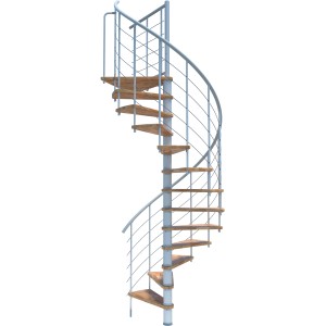 Weiße Minka Spindeltreppe Venezia Smart Buche, spiralförmige Innentreppe mit Holzstufen.