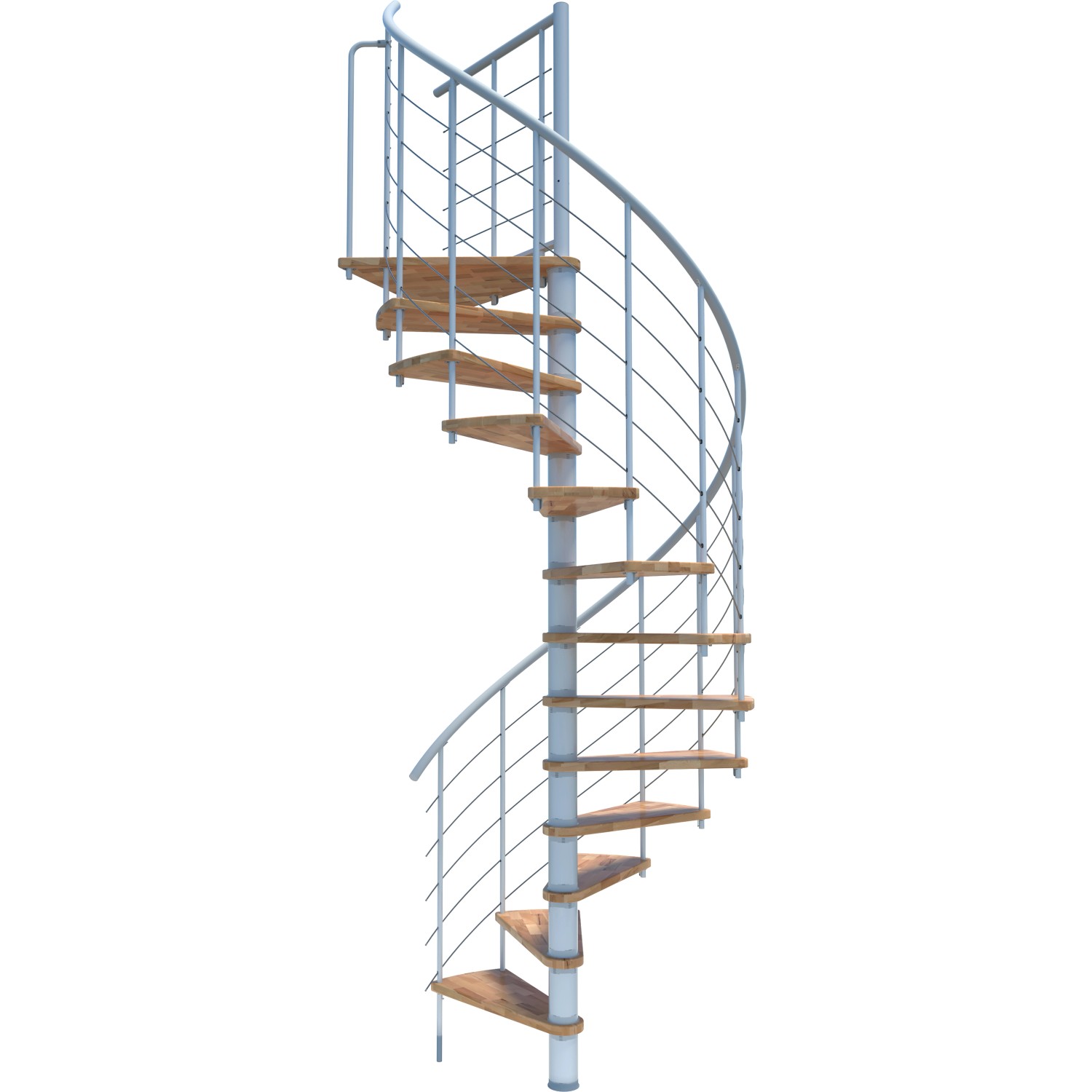 Weiße Minka Spindeltreppe Venezia Smart Buche, spiralförmige Innentreppe mit Holzstufen.