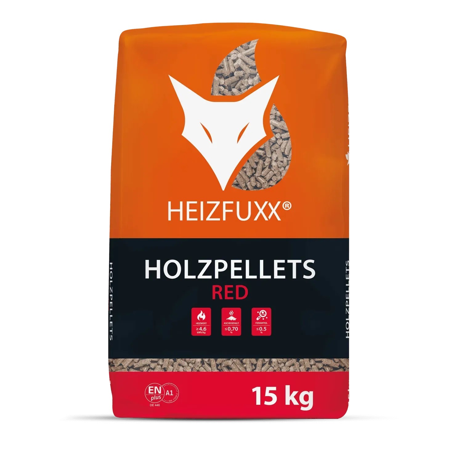 Heizfuxx Holzpellets Red, 15kg Sack auf Palette. Brennstoff für Heizung mit hohem Heizwert.