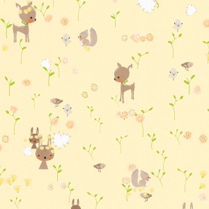 Gelbe Tadessi Kindertapete mit Waldtieren (Rehe, Eichhörnchen, Hasen) und Blumenmuster.